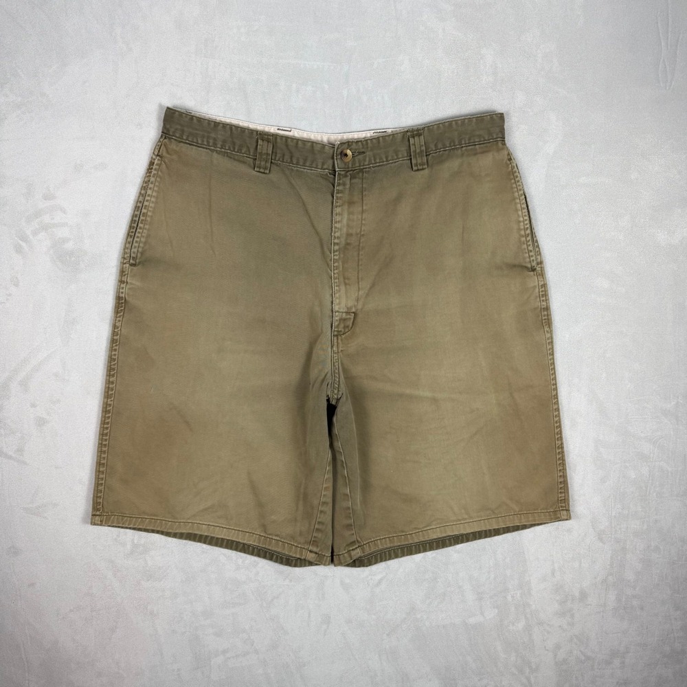 90s Mens CRB Khakis Cotton Twill Flat Front Chino Shorts Olive Tan 36
